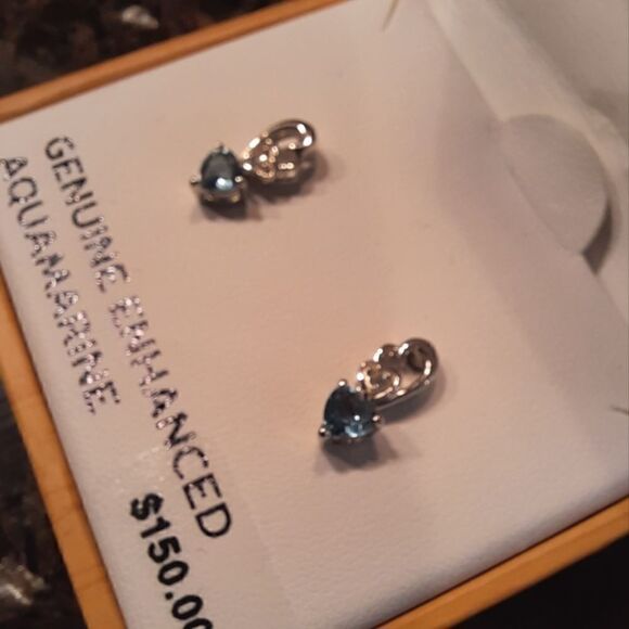 NWT Genuine Enhanced Aquamarine and Lab Created Diamond Stud Earrings - Picture 2 of 9